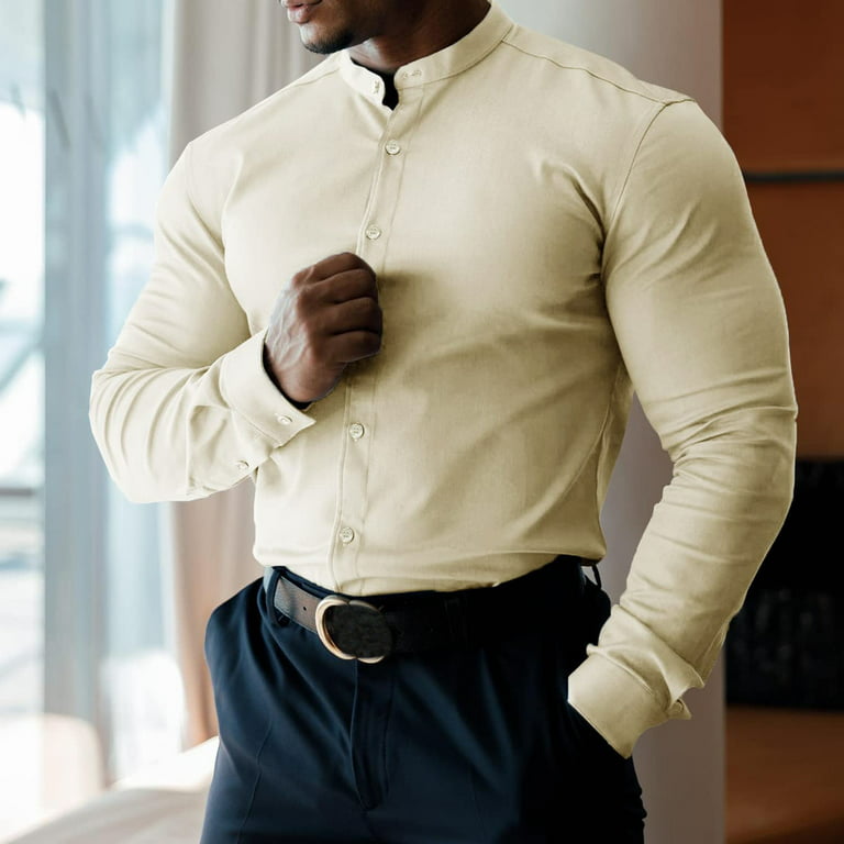 Men'S Simple Slim T-Shirt Blouse Men Dress Shirts Slim Fit Stretch Banded  Collar Long&Short Sleeve Casual Button Down Shirt