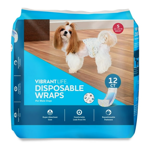 Vibrant Life Disposable Dog Wraps for Male Dogs, S, 12 Count