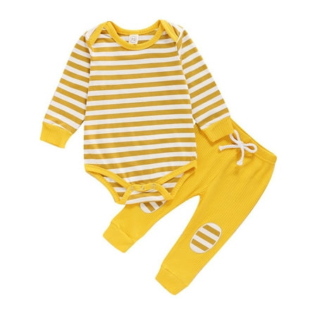 

Xingqing Baby Girl Boy Pajamas Long Sleeve Romper Knitted Pants 2PCS Outfit Set Yellow 12-18 Months
