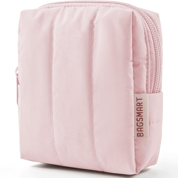 BAGSMART Small Travel Makeup Bag for Purse Toiletry Pouch, Puffy Padded Mini Cosmetics Bag, Cute Make Up Pouch for Women with Slip-in Pocket, Travel Essentials for Toiletries, Pink