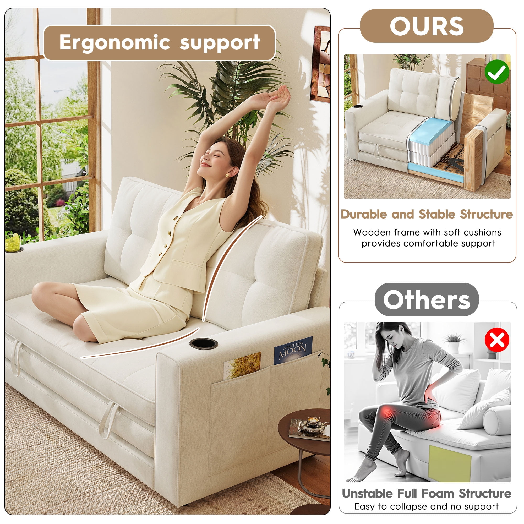 BedLuxury 55" Foldable Loveseat Futon Sofa Bed with Cup Holder & Storage Pocket, 3-in-1 Sleeper Couch, Space Saving, Chenille Beige