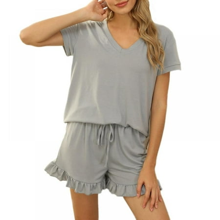 

Womens Solid Pajamas Set V Neck Short Sleeve Tops and Shorts Sleepwear Loungewear Ruffle Hem Nightwear Set