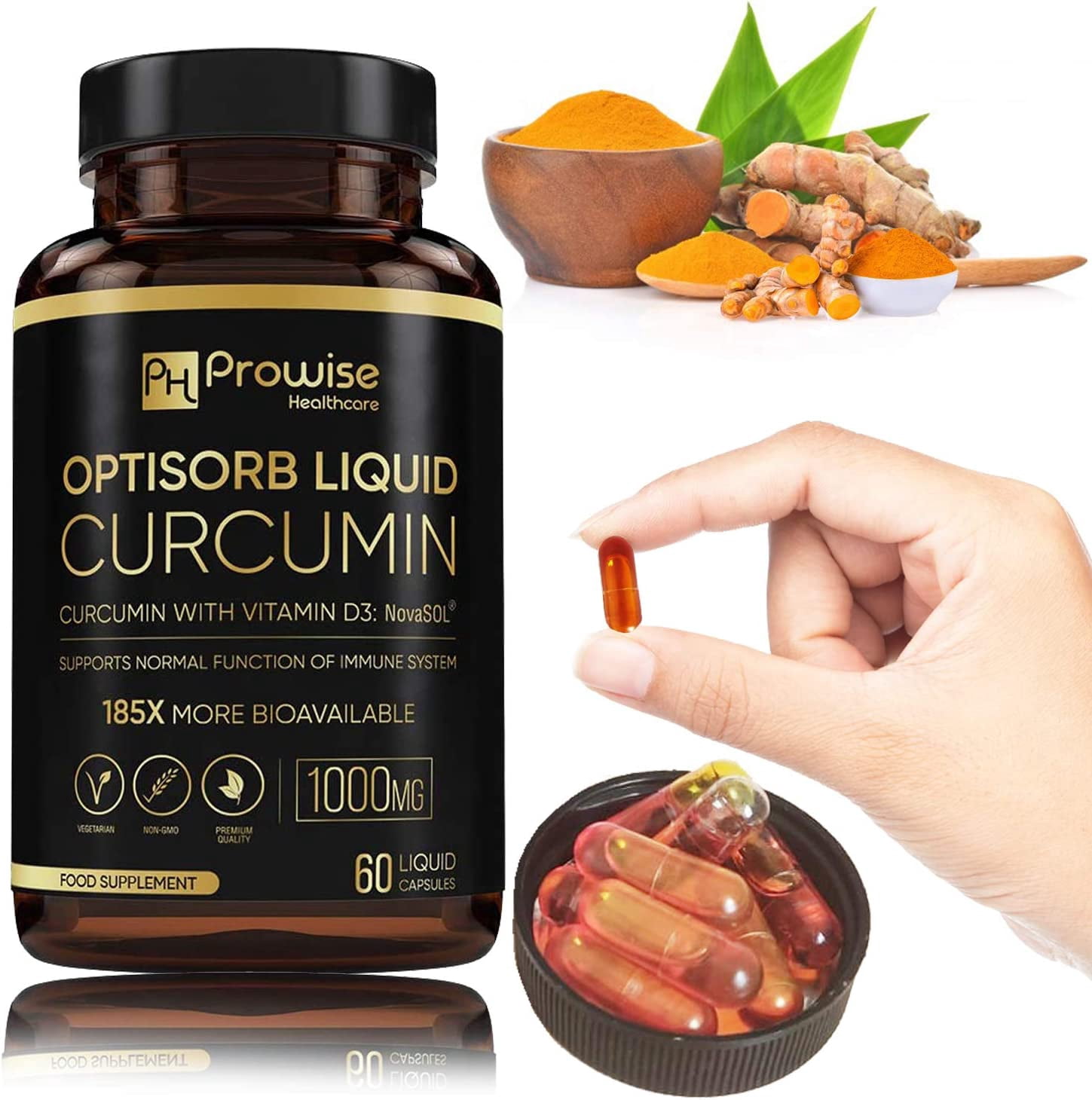 Optisorb Liquid Curcumin with Vitamin D - 60 Liqcaps | 185x Turmeric & Curcumin Bioavailability - Ultra Bioavailable | Liquid Capsules with 500mg NovaSOL® per Capsule - UK Manufactured
