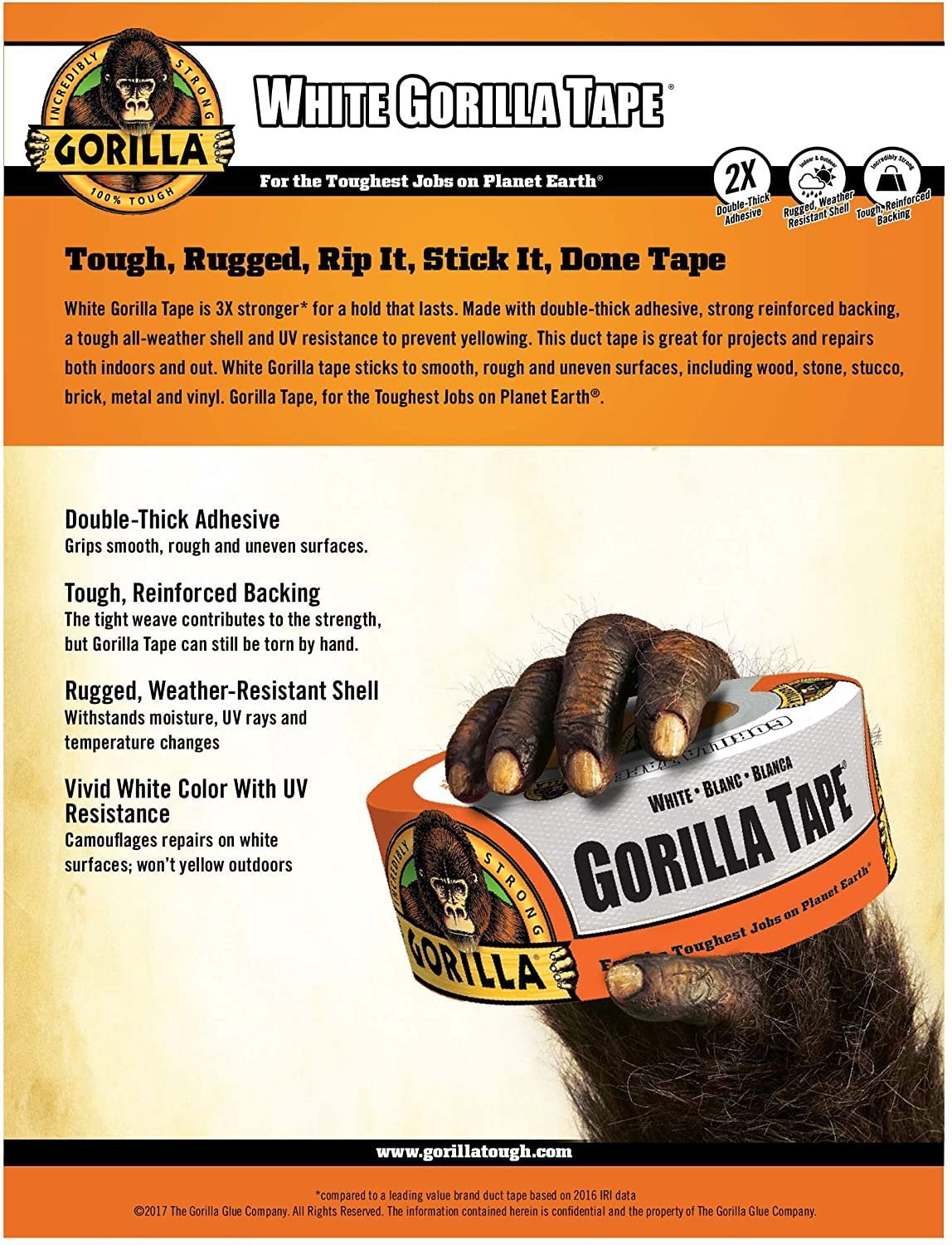Gorilla White Duct Tape, 1.88" x 10 yard (Pack of 6) - 105499