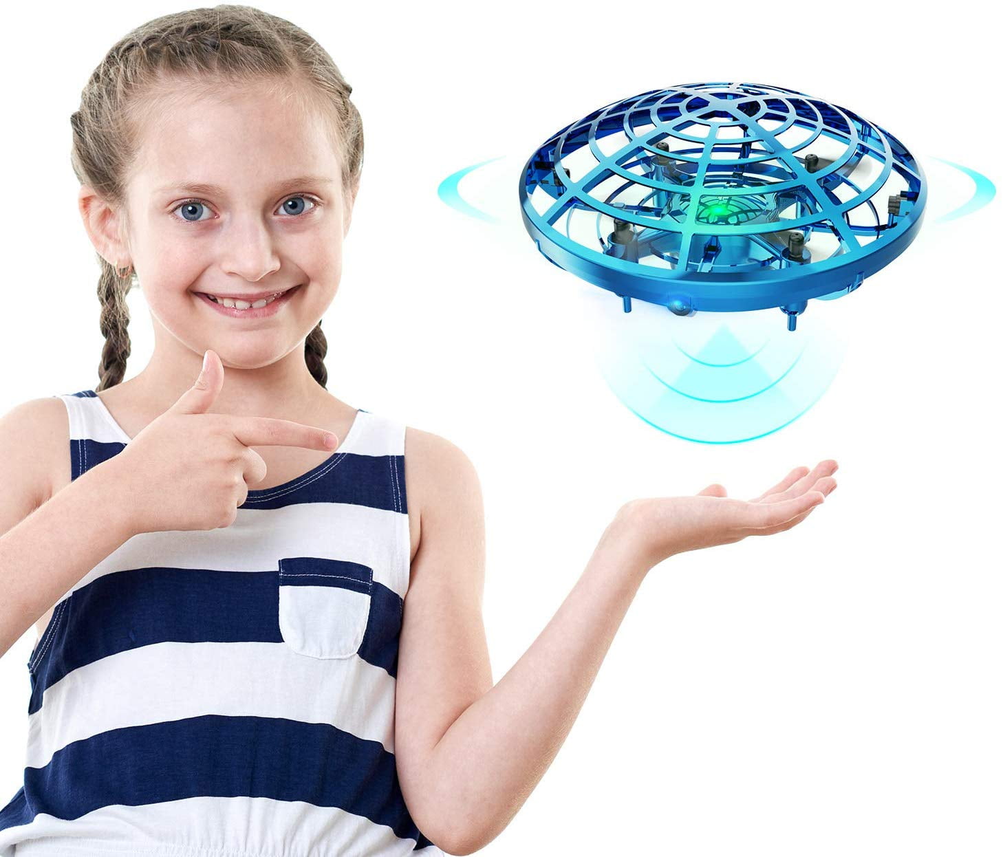 Blue Hand Controlled Drone Toys Easy Hand Operated Mini Drone for Boys Girls Beginners UFO Shaped New Upgrade Flying Toys Drones for Kids 