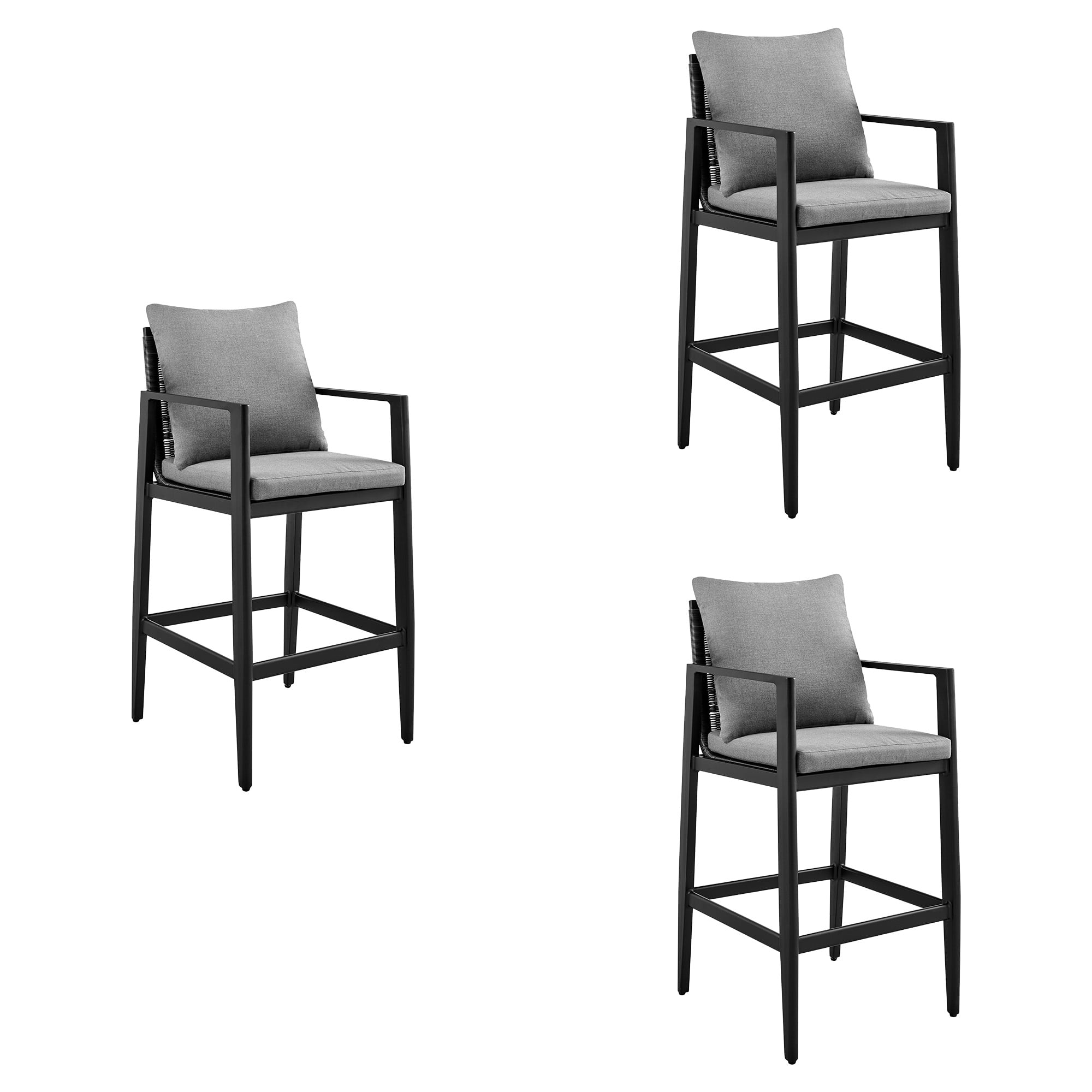 Cayman Outdoor Patio Bar Stool in Aluminum with Gray Cushions - Set of 3