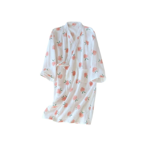 Albornoz de melocotón para mujer Qarigey Kimono largo de primavera y verano Pijama Blanco