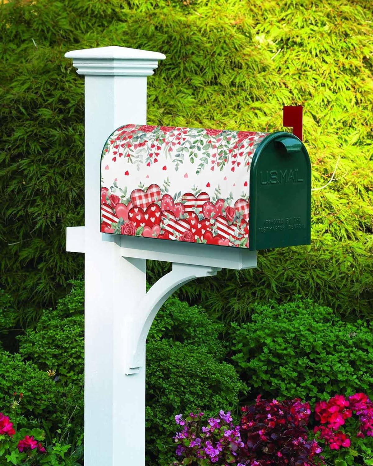Valentine''s Day Red Love Heart Mailbox Cover Rose Floral Magnetic Mailbox Wraps, Eucalyptus Leaves Mailbox Covers Large Size 21x25.5 Inch Mail Wrap Post Letter Box Decoration for Outdoor Gardern Yard