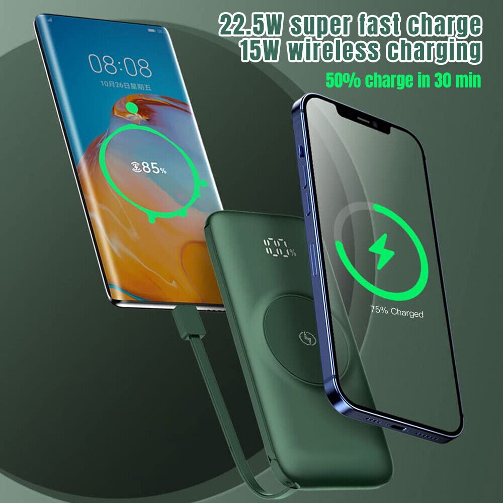 Portable Charger with Built-in Cable, 10000mAh Ultra-thin Power Bank, LED Display Compatible with iPhone, Samsung, Android