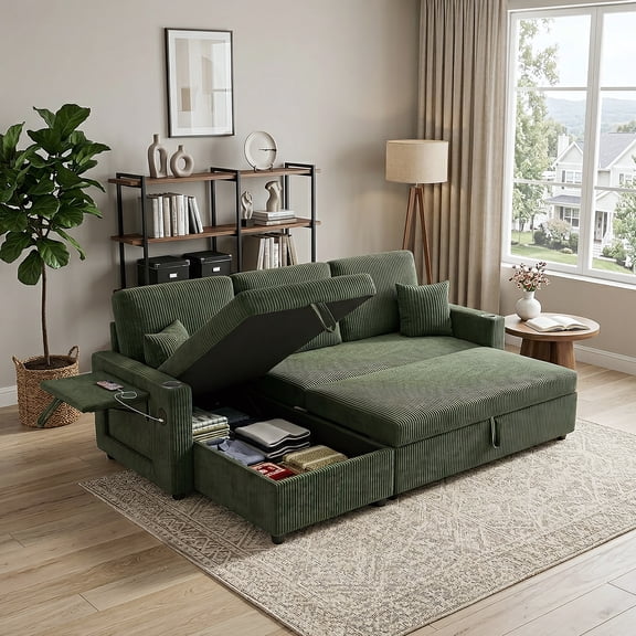 LLappuil Sectional Sofa, 84" Sectional Couch with Storage Chaise, Small Desktop, Cup Holders, Charging Port Convertible Sofa Bed, Corduroy Pull Out Sofa Bed for Living Room Green