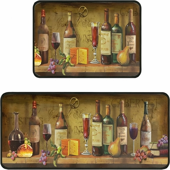 LAMIRO Vintage Wine Kitchen Rugs Set of 2,Retro Style Floor Mats Non-Slip Washable,Wine Theme Kitchen Decor Anti-Fatigue Floor Mats for Kitchen Sink Laundry Room,17x30 17x47"