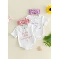 thumbnail image 3 of Cenuakty Baby Toddler Newborn Girl Summer Romper Letter Embroidery Ruffled Short Sleeve Jumpsuit with Cute Bow Headband Set, 3 of 9