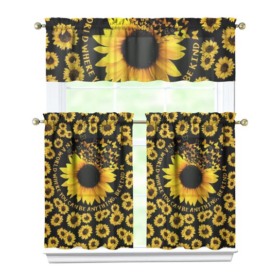 Rustic Sunflower Kitchen Curtains Set - Country Floral Valance & Tier Panels for Windows