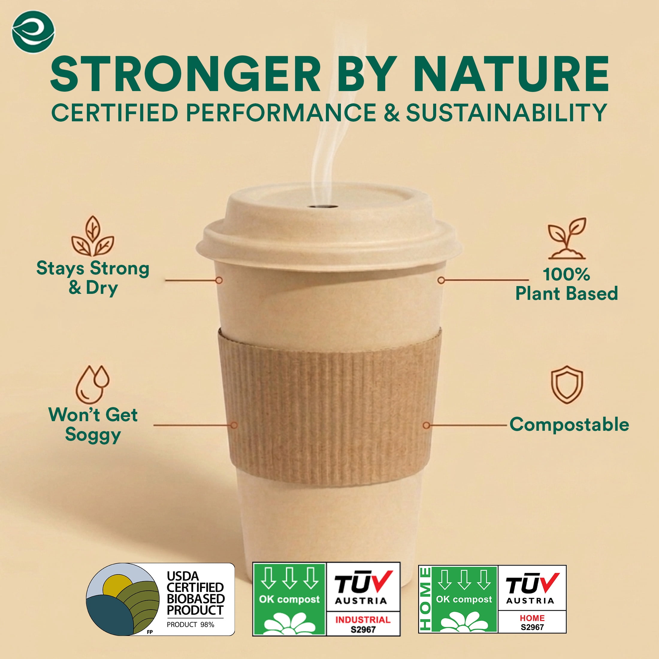 Compostable 12oz Bagasse Hot Cups with Compostable Sleeves and Lids, 50 Count