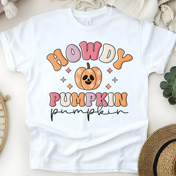 Howdy Pumpkin T-Shirt | Cute Pastel Halloween Fall Shirt, White, Size S