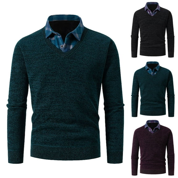 Miluxas Mens Striped Lapel Fake Two-Piece Shirt, Men Long Sleeve Faux 2-Piece Knitted Shirt, Business Work Casual T Shirt Top Wine