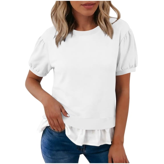 Posijego Womens Short Sleeve Sweatshirt Crew Neck Puff Sleeve Summer Tops Ruffled Hem Casual Pullover Shirts for Women