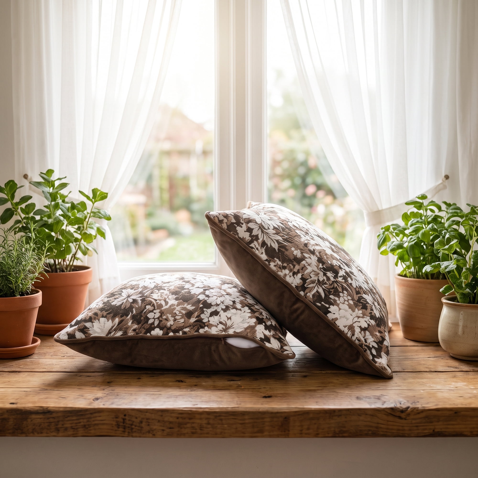 Unique Bargains Floral Throw Pillow Cover with Piped Edge Decor Cushion Case Brown 18"x18"