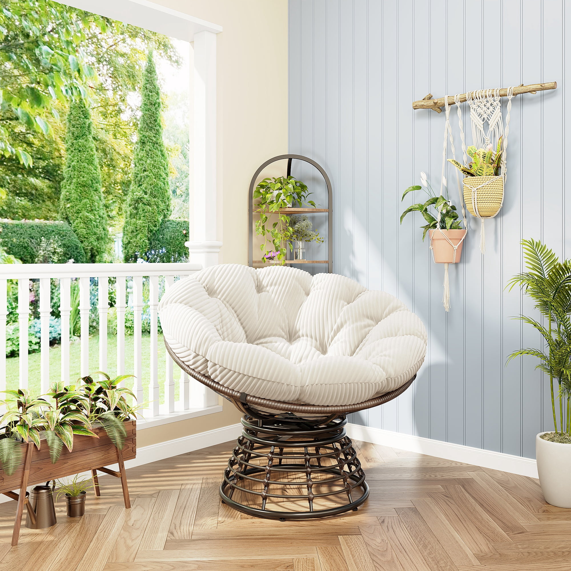 360° Swivel Indoor Outdoor Rattan Chair with Soft Thick Cushion, Ideal for Living Room, Bedroom, Reading Room, Brown Frame with Beige Cushion&nbsp;