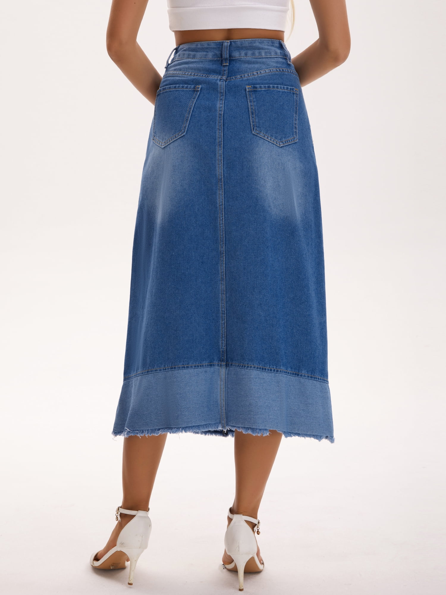 DARING DIVA Women's Denim Maxi Contrast Panel A Line Long Jean Skirts X-Large Blue