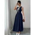 thumbnail image 3 of Navy Blue Sleeveless A-Line Maxi Dress With Contrast Tie Neck, Ruched Waist, Elegant Daily Wear, 3 of 8