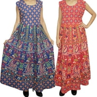Mogul 2 Bohemian Blue Red Floral Cotton Maxi Dress Sleeveless Boho Chic Gypsy Long Dresses L
