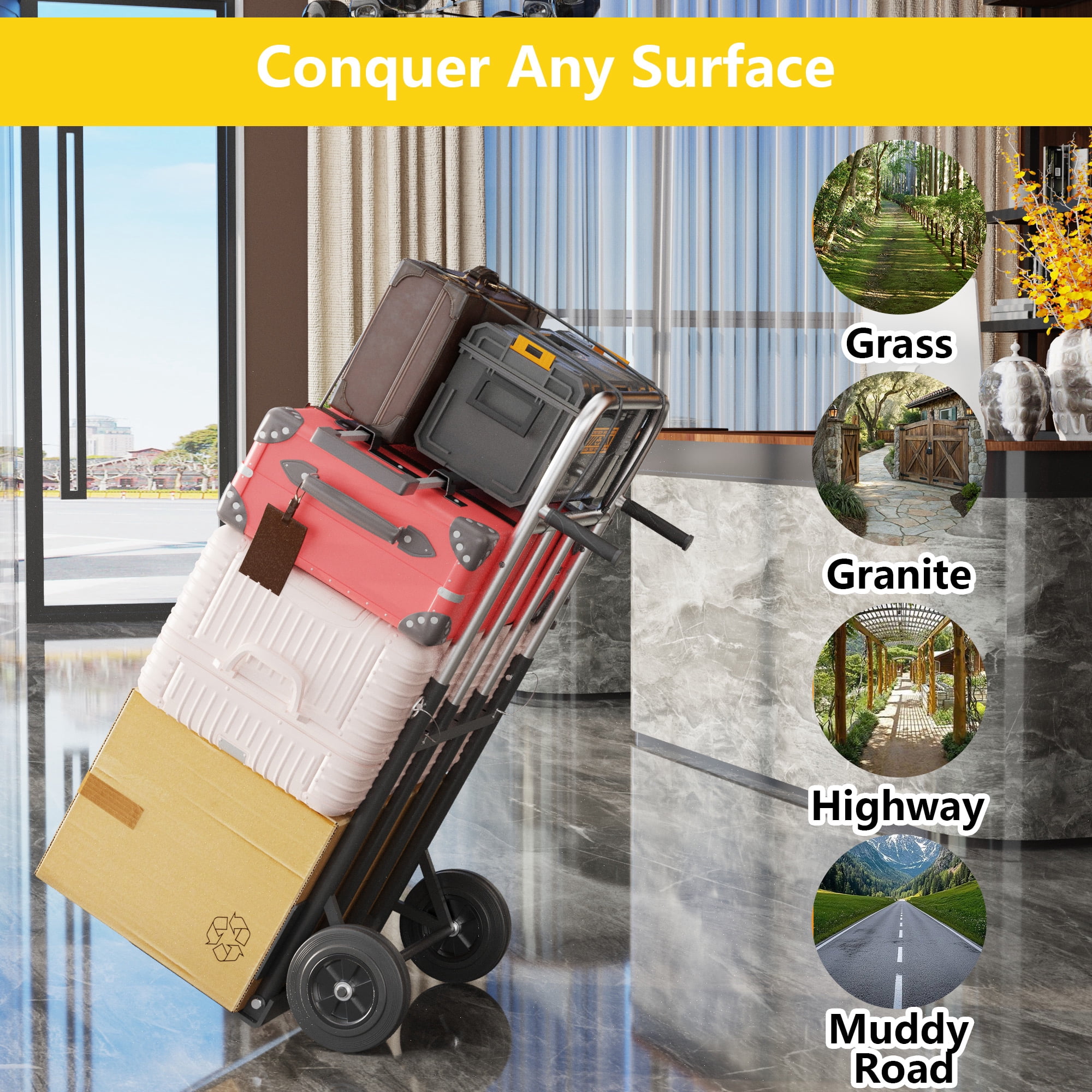 Folding Hand Truck, 600 lb Capacity Heavy-Duty Convertible Dolly Cart with Telescopic Handle, Rubber Wheels & Bungee Cords for Warehouse, Home & Office