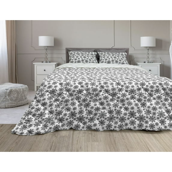 Snowflake Comforter & Sham Bedding Set, Monochrome Snowflakes Christmas Themed Composition Winter Season Illustration, 3 pcs Duvet Set Microfiber Filling Quilt, 5 Sizes, Black White, by Ambesonne