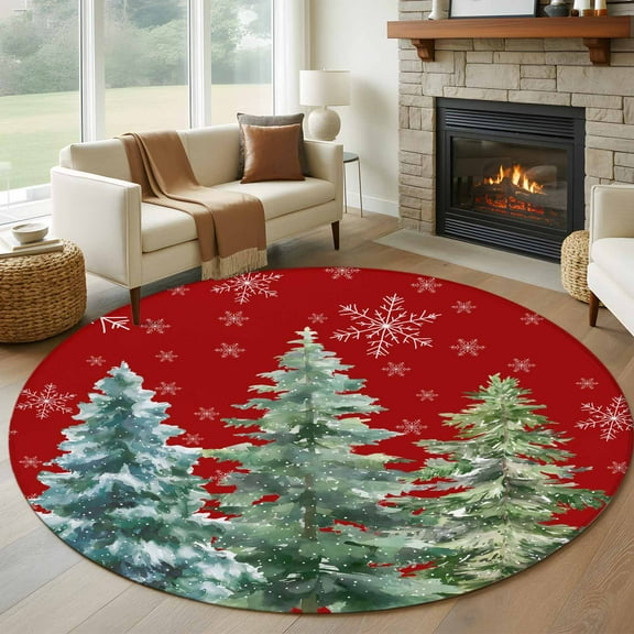 Red Christmas Tree Round Rug 5ft Washable Circle Kitchen Rugs Non Slip Xmas Trees Snowflake Winter Large Area Rug Indoor Floor Carpet for Bedroom Living Room Home Office Dining Room Nursery