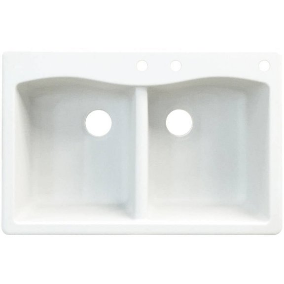 Transolid Aversa 33in x 22in silQ Granite Drop-in Double Bowl Kitchen Sink with 3 CDE Faucet Holes, In White