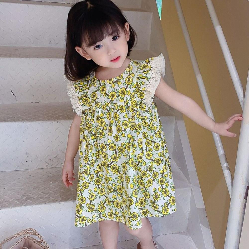Toddler Baby Girl Solid Long Sleeve Lace Floral Cotton Skater Dress Flare Dress 