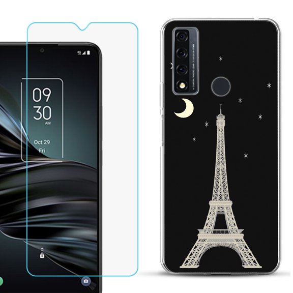 Slim-Fit Fashion Phone Case for TCL 20 XE, with Tempered Glass Screen Protector, by OneToughShield ® - Eiffel Tower Moon