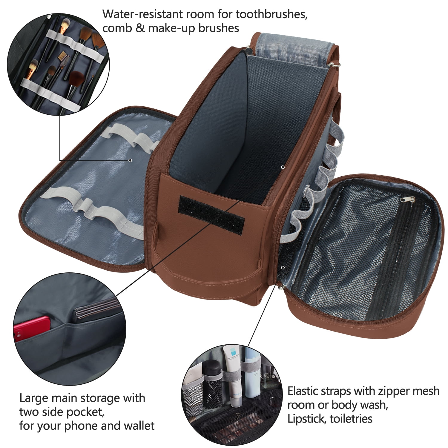 Large Capacity Toiletry Bag for Men, Leather Hanging Toiletry Organizer Cosmetics Makeup Bag, Brown