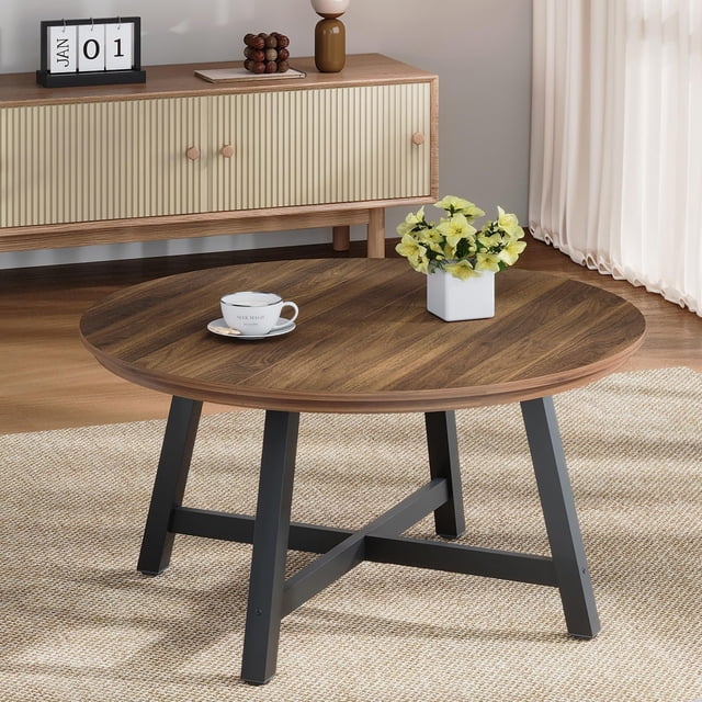 Mesa de centro redonda industrial – Superficie efecto madera, patas metálicas gruesas, pies ajustables – Estable y fácil montaje – Ideal para salón u oficina – 91 cm – Color marrón