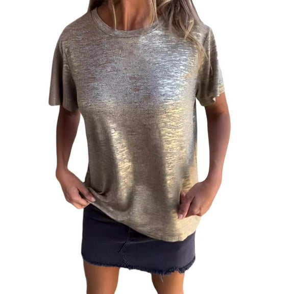 WTXUE T-Shirts Short Sleeve, Crew Neck Shirts for Women's Hot Stamping T Shirt Solid | Casual for Women Gold M