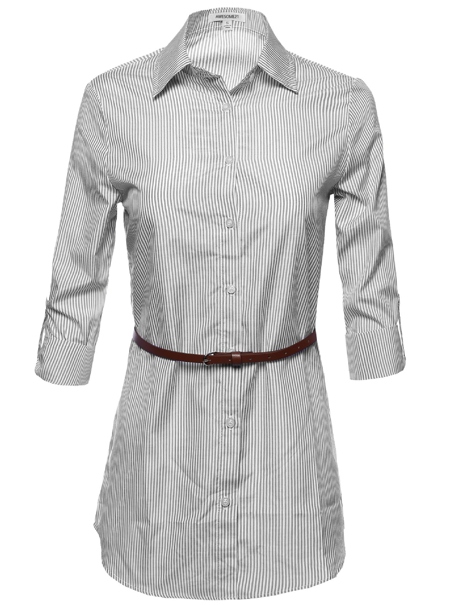 FashionOutfit Women's Button Down Stripe Shirt Dress w/ Attached Belt