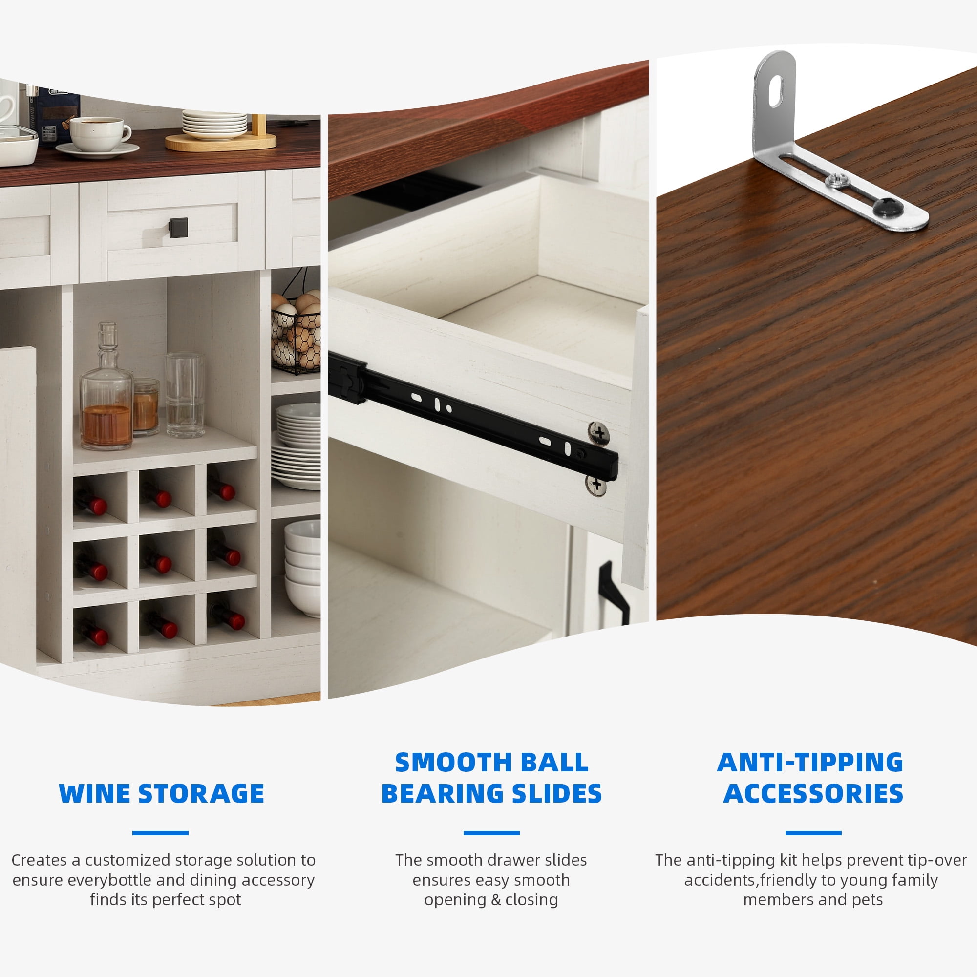 Uforic Bar Cabinet with Wine Rack & LED Lights, Wine Buffet Cabinet with Drawers & Power Outlets, White