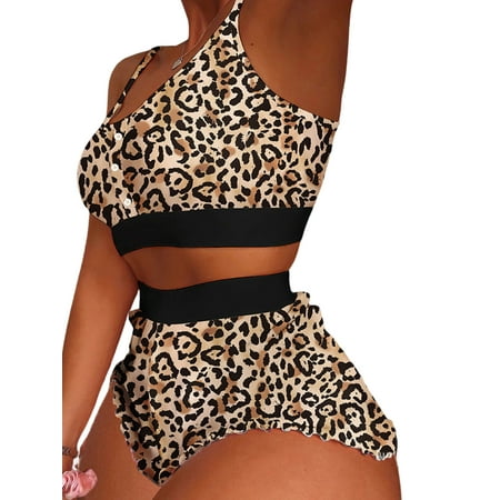 

Haite Women Lounge Set 2 Pieces Outfits Nightwear Cami Top And Shorts Sleepwear Dailywear Pajamas Sets Home Clothes Scoop Neck Leopard Print M