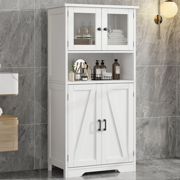 Bathroom Cabinet, White Freestanding Floor Linen Storage Cabinet, Kitchen Pantry Storage Cabinet with Glass Doors & Adjustable Shelves, Standing Cupboard,Storage Cabinet for Living Room