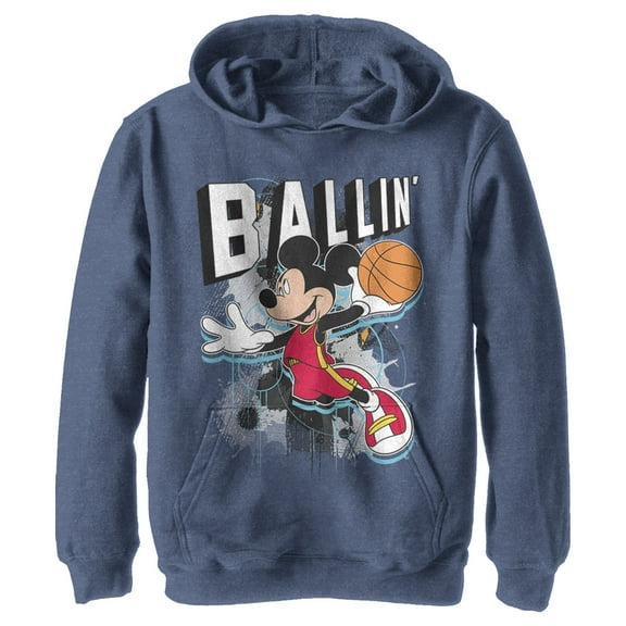 Boy's Mickey & Friends Mickey Mouse Ballin'  Pull Over Hoodie Navy Blue Heather Medium
