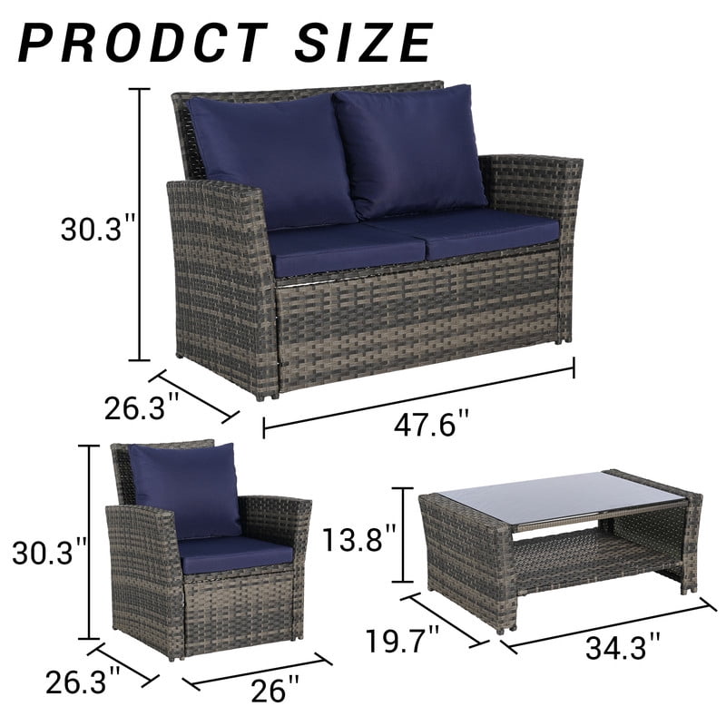 4-Piece Patio Furniture Set, Outdoor Wicker Sectional Sofa Set with Tempered Glass Coffee Table, Outdoor Conversation Set for Backyard Garden