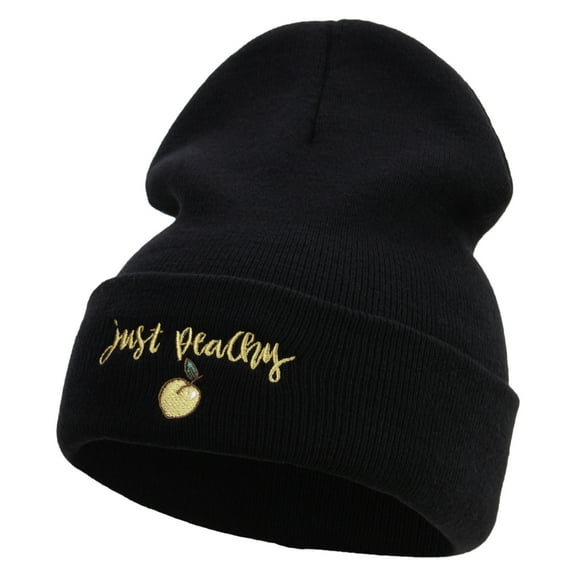 Just Peachy Embroidered 12 inch Acrylic Cuffed Long Beanie - Black OSFM