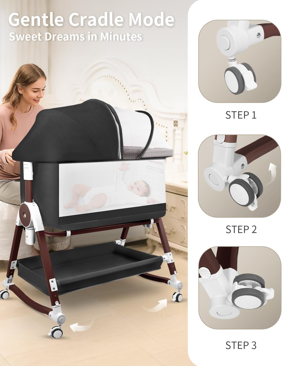 4 in 1 Baby Bassinet Bedside Sleeper W/ Wheels,Storage Basket,Adjustable 7 Heights,Mosquito Net,Matress,Breathable Mesh Crib for Infants Toddler,Black