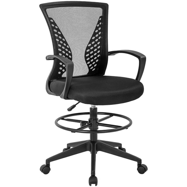 BestOffice Drafting Chair Tall Standing Adjustable Height Swivel, Arms Foot Rest Back Support Mesh Drafting Stool, Black