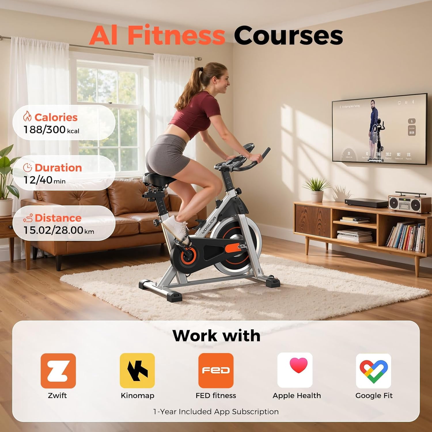 FED Fitness Yosuda Magnetic Exercise Bike, Adjustable Stationary Bike for Home, Silent Belt Drive, Exclusive App, Indoor Cycling Bike with Big IPad Holder & Comfortable Seat for Home/Gym Use