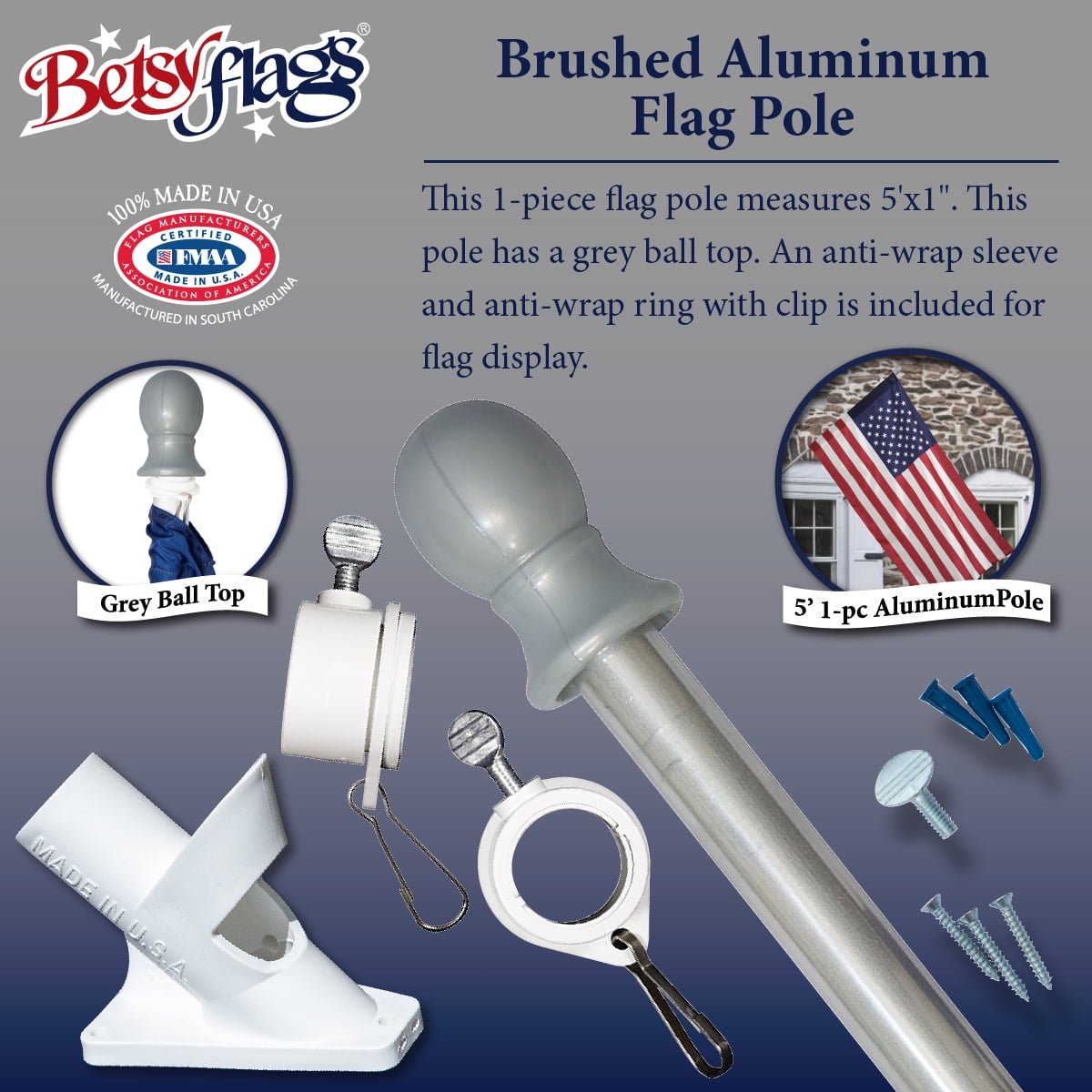 5ft Aluminum Betsy Flags Flagpole, Anti-Tangle Spinning Pole, Silver
