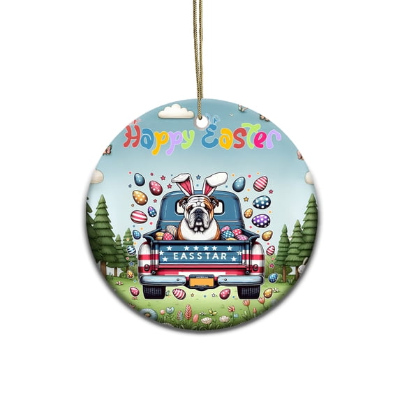 Happy Easter Bulldog American Flag Truck Bunny Ears Ceramic Round Ornament Dog Lover Gifts Idea Home Tree Decor - 03001