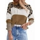 thumbnail image 1 of Suéter de Rayas con Estampado de Leopardo para Mujer, Cuello Redondo, Larga, Tejido con Bloques de Color Marrón Oscuro M, 1 of 5