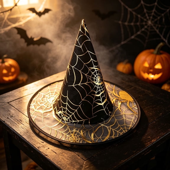 BRGZLK Adults Halloween Witches Hat Halloween Spider Web Wide Brim Pointed Witch Hat Festival Party Costume Hats, Witch Costume Accessories Black Free Size