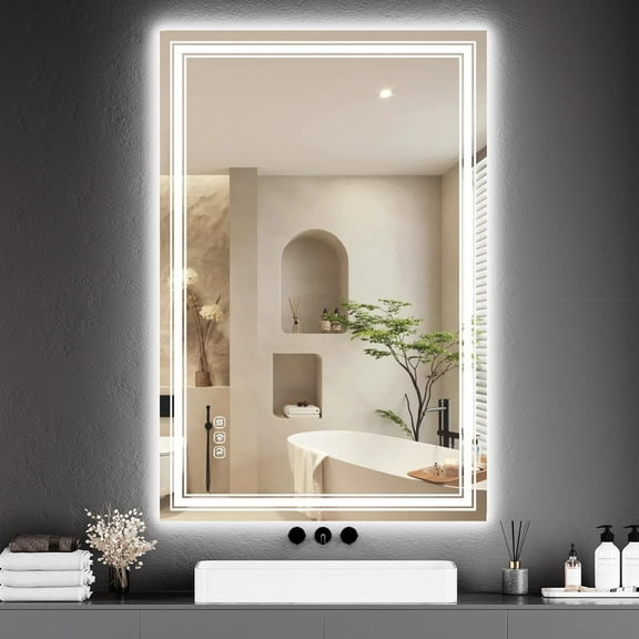 24x32 LED Bathroom Mirror with Lights,Anti-Fog,Dimmable,Backlit   Front Lit,Memory,Wall-Mounted Vanity Mirrors,Double LED Vanity,3 Colors,Lighted Mirror,Stepless Dimming